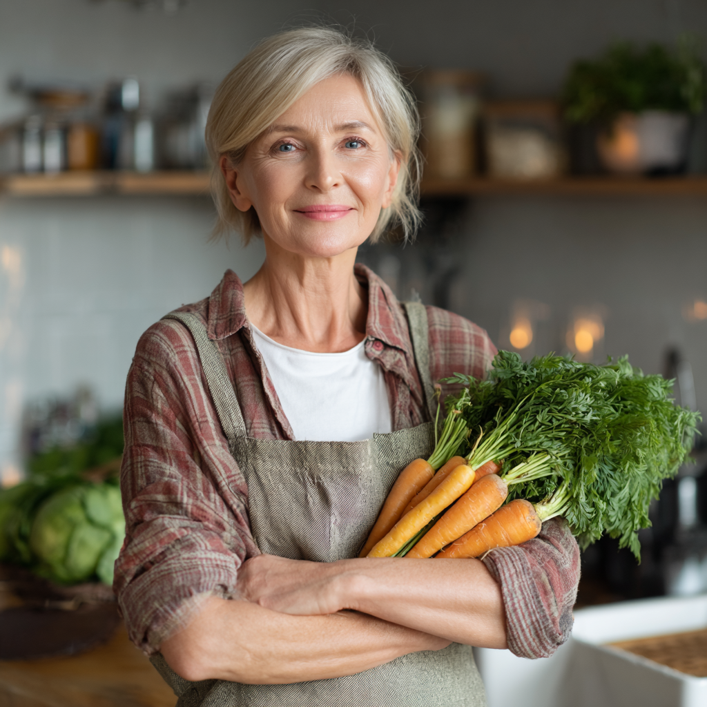 Smiling Ukrainian middle-aged woman holding a colorful balanced meal plate with vegetables, lean protein, and whole grains, sitting at a modern kitchen table with natural lighting