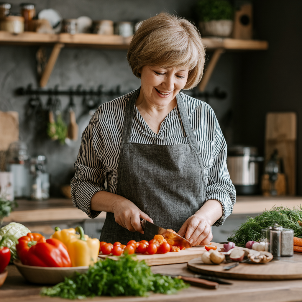 Ukrainian senior man and woman together in a bright kitchen, preparing healthy meal portions using the hand method for measuring, with various fresh vegetables and lean proteins on wooden cutting boards